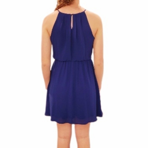 Navy Blue Halter Neck Sleeveless Fit and Flare Party Dress - Picture 3 of 7